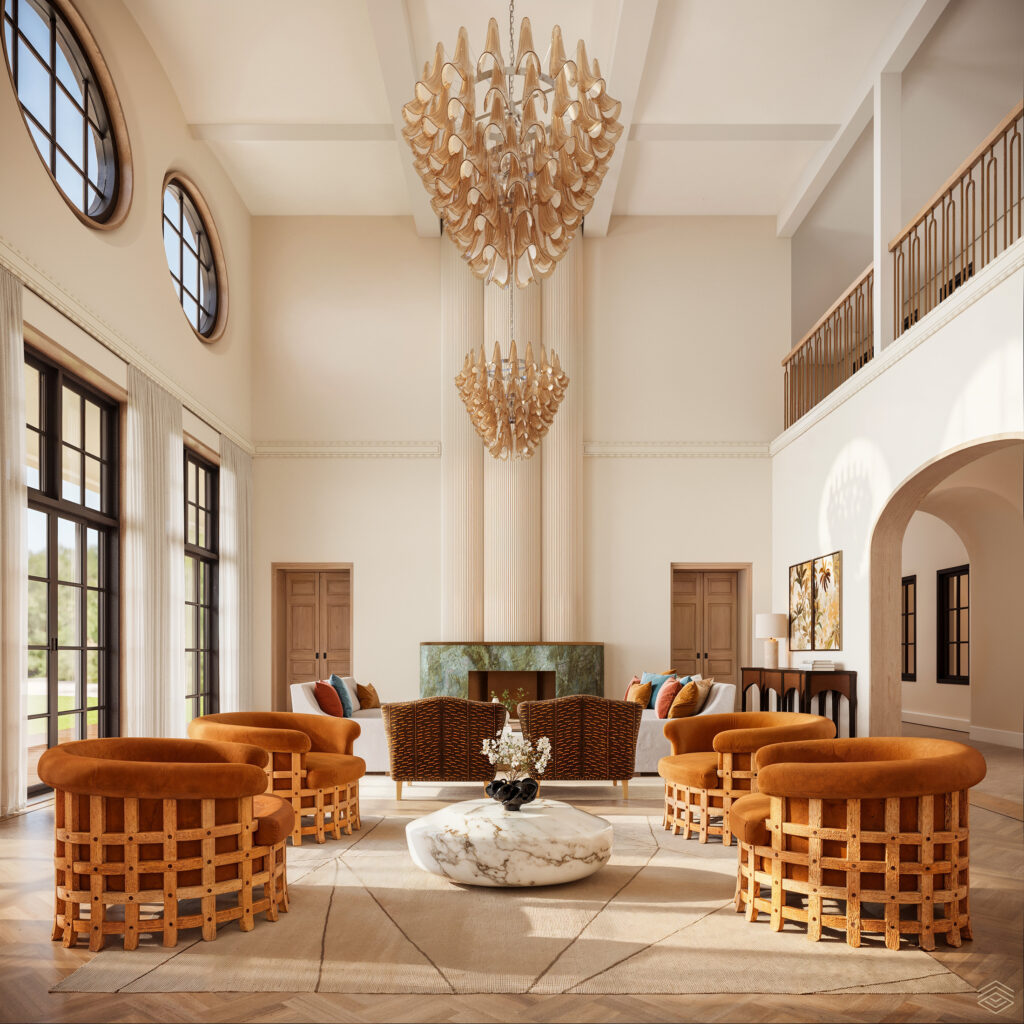 Luxurious cream toned living room and lounge area with tall ceilings.