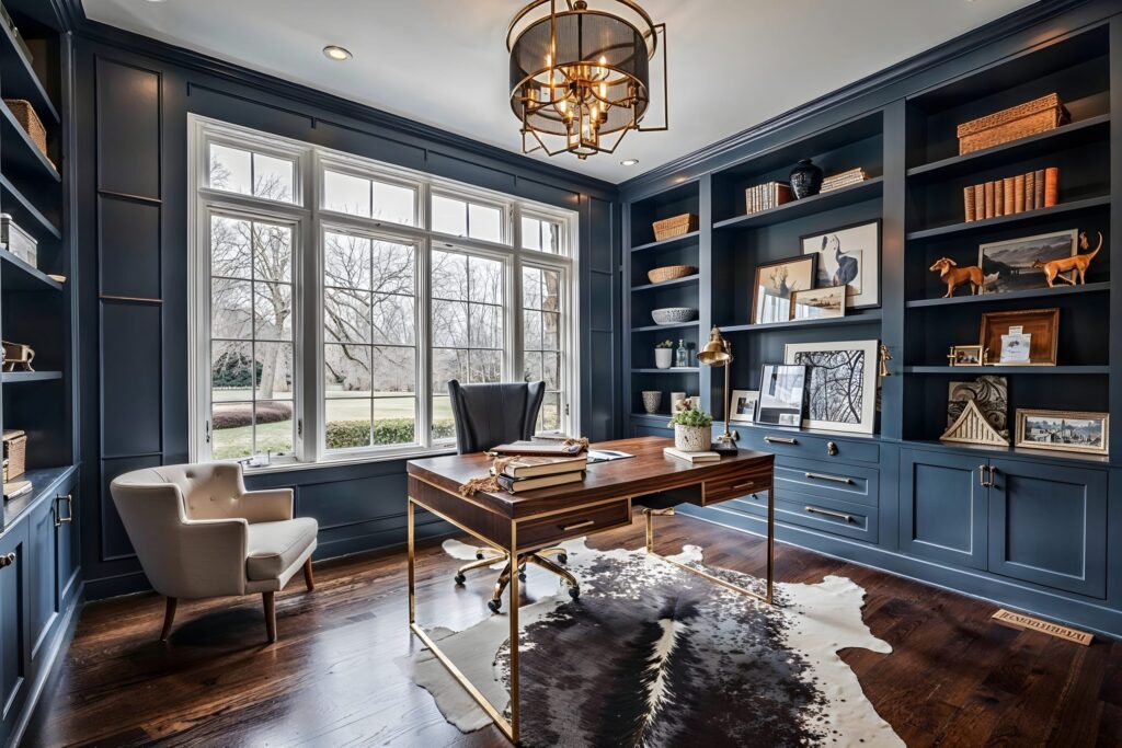 Traditional style home office with luxurious wooden desk and gold accents.