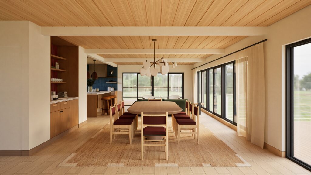 Dinging area with light wooden dining table and chairs with maroon cushions