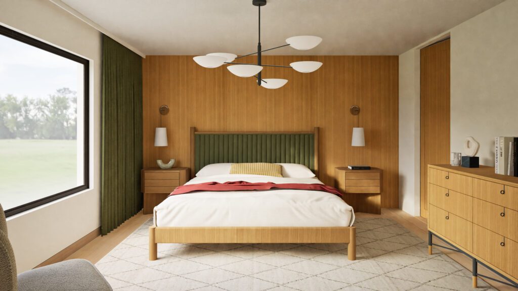 Earth toned bedroom design with upholstered headboard and cool ceiling fixture 