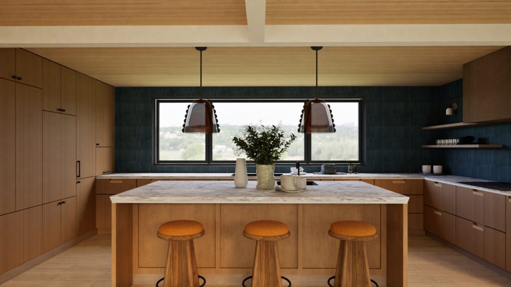 Custom designed kitchen with marble countertops and kitchen island light fixtures