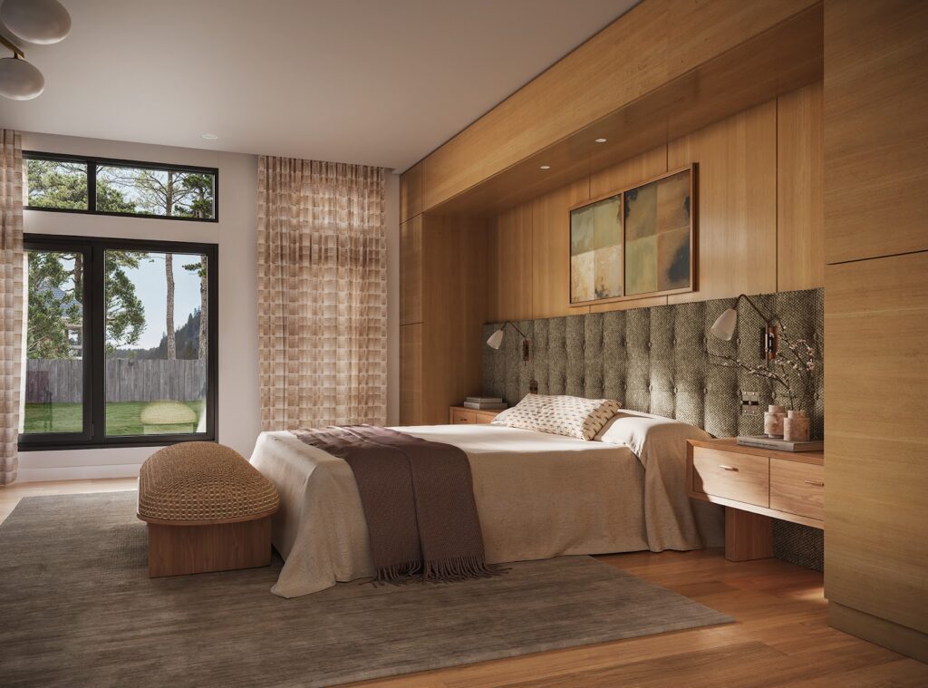 Luxurious and modern bedroom styling with natural tones.