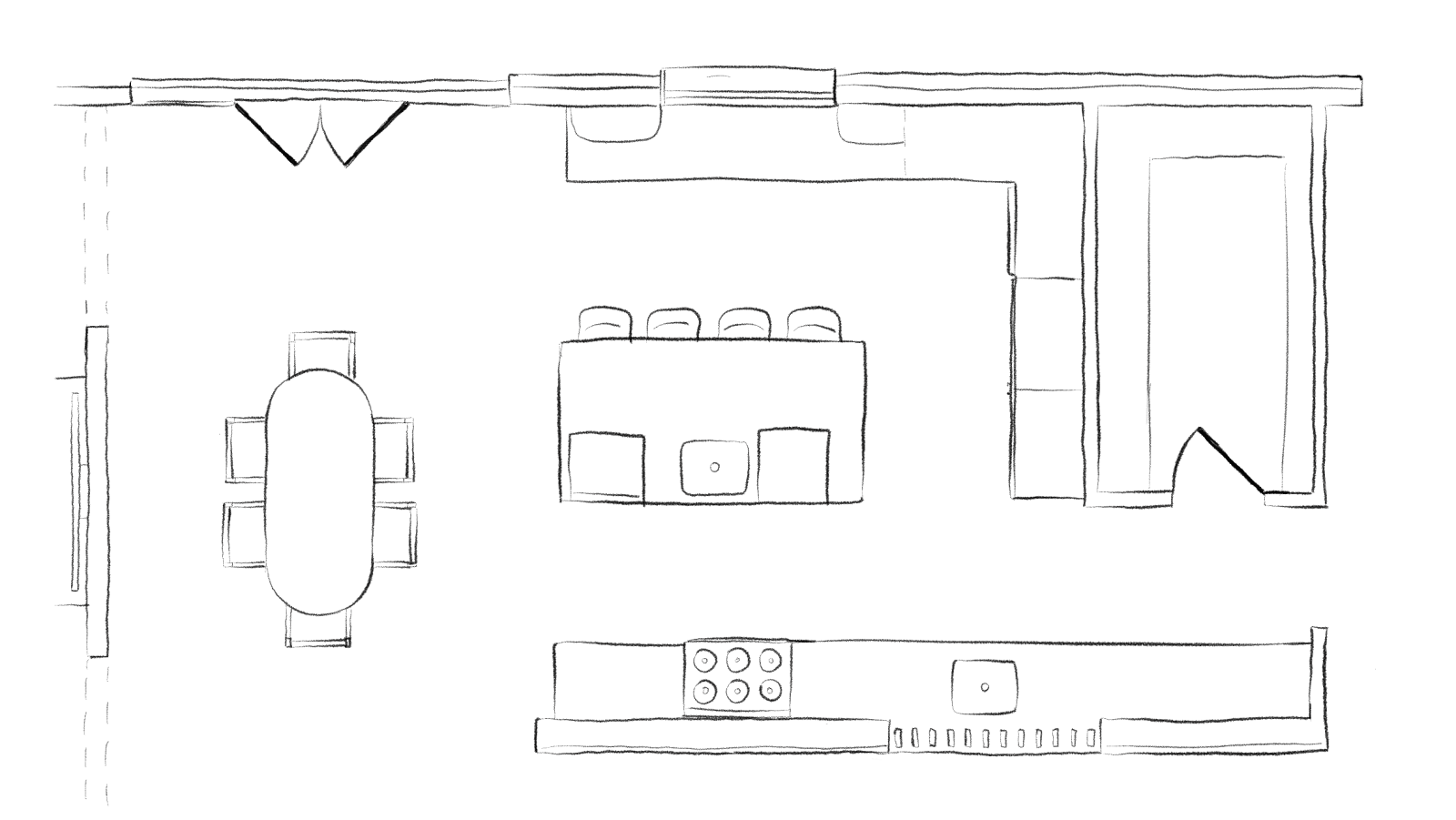 Floor planning for dining and kitchen space.